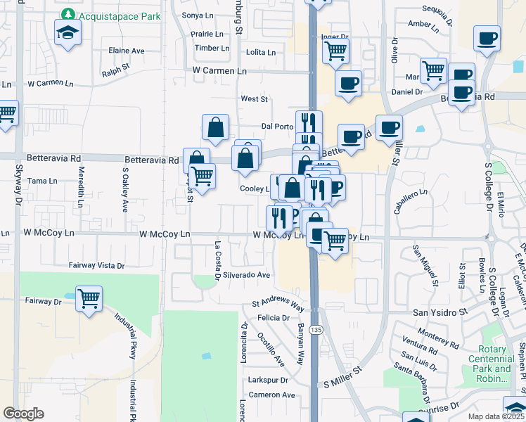 map of restaurants, bars, coffee shops, grocery stores, and more near 2223 Pizzaro Drive in Santa Maria