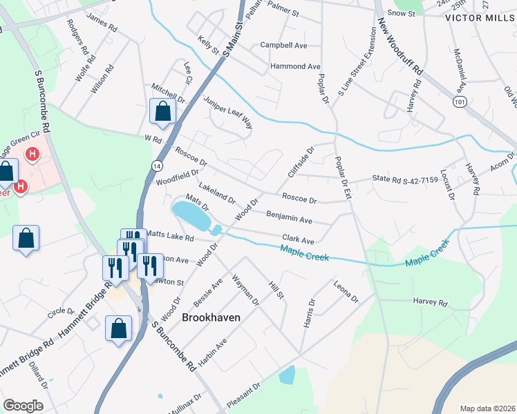 map of restaurants, bars, coffee shops, grocery stores, and more near 220 Roscoe Drive in Greer