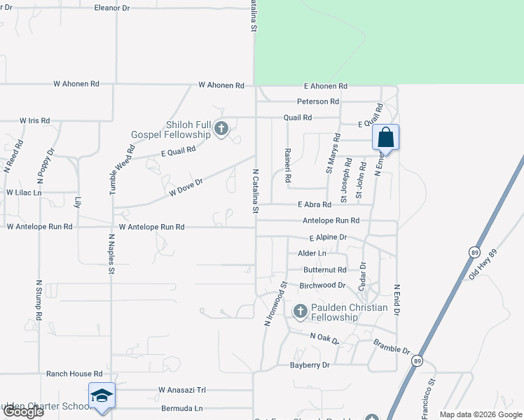 map of restaurants, bars, coffee shops, grocery stores, and more near 20 East Abra Road in Paulden