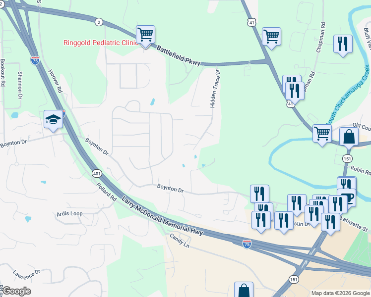 map of restaurants, bars, coffee shops, grocery stores, and more near 460 Hidden Trace Drive in Ringgold