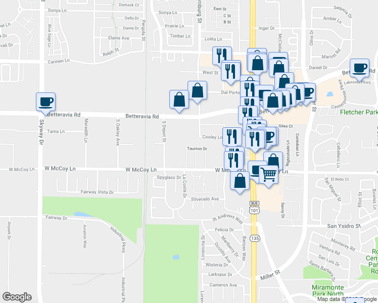 map of restaurants, bars, coffee shops, grocery stores, and more near 2314 Westbury Way in Santa Maria