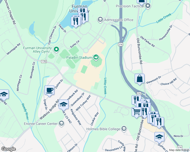 map of restaurants, bars, coffee shops, grocery stores, and more near 3300 Poinsett Highway in Greenville