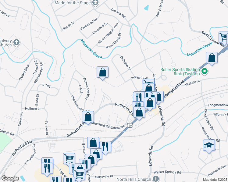 map of restaurants, bars, coffee shops, grocery stores, and more near 417 Indian Trail in Taylors