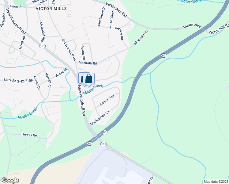 map of restaurants, bars, coffee shops, grocery stores, and more near 123 Spruce Avenue in Greer