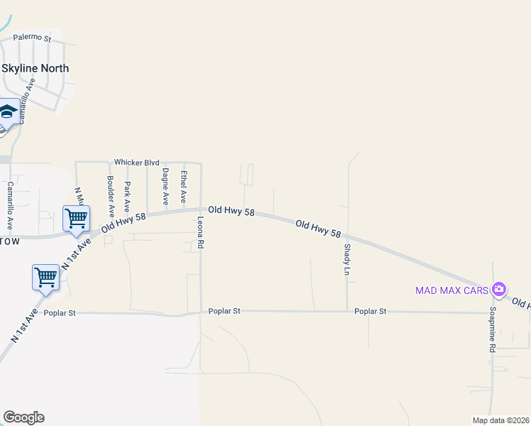 map of restaurants, bars, coffee shops, grocery stores, and more near 30272 Old Highway 58 in Barstow