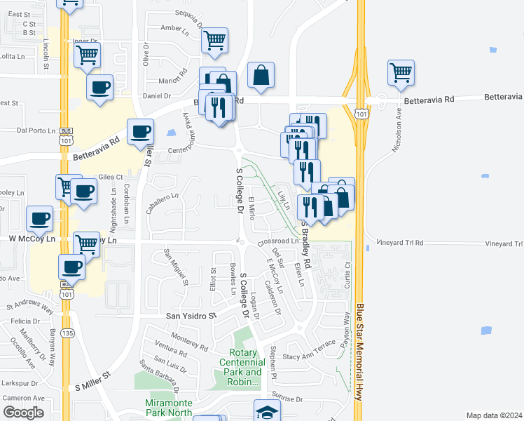 map of restaurants, bars, coffee shops, grocery stores, and more near 631 El Acebo in Santa Maria