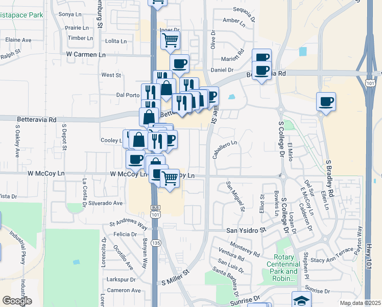 map of restaurants, bars, coffee shops, grocery stores, and more near 2320 Nightshade Lane in Santa Maria