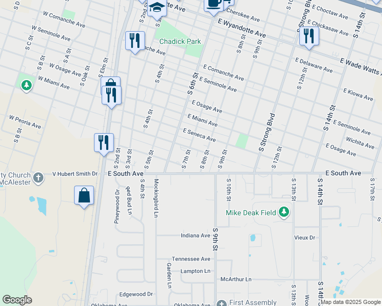 map of restaurants, bars, coffee shops, grocery stores, and more near 1101 South 8th Street in McAlester