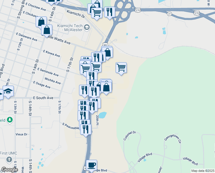 map of restaurants, bars, coffee shops, grocery stores, and more near 502 South George Nigh Expressway in McAlester