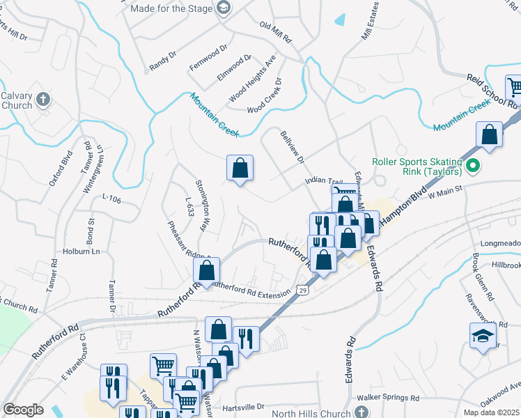 map of restaurants, bars, coffee shops, grocery stores, and more near 417 Indian Trail in Taylors