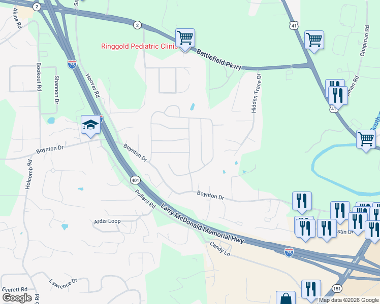 map of restaurants, bars, coffee shops, grocery stores, and more near 224 Running Oak Drive in Ringgold