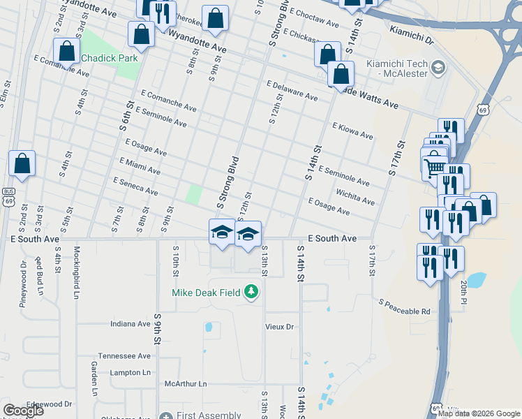 map of restaurants, bars, coffee shops, grocery stores, and more near 1205 East Miami Avenue in McAlester