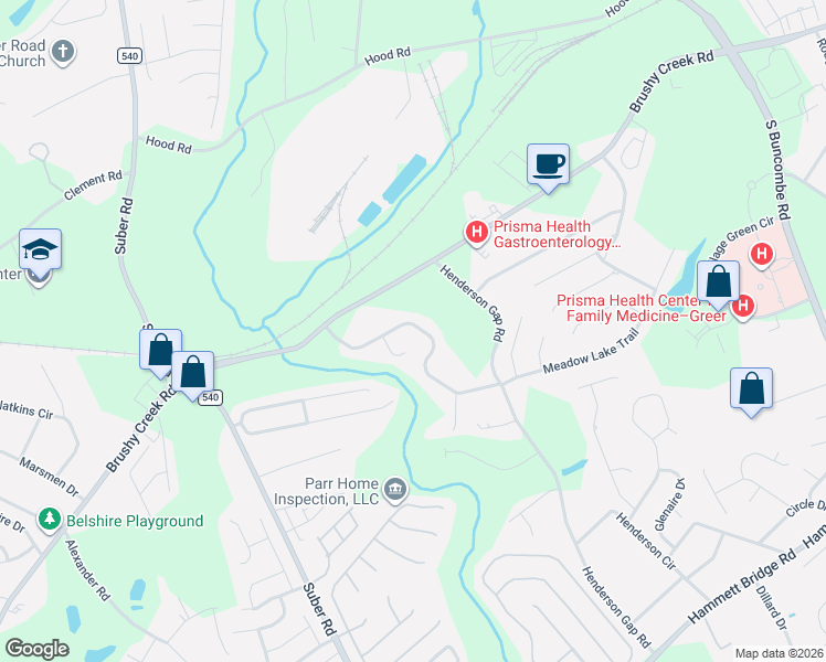 map of restaurants, bars, coffee shops, grocery stores, and more near 134 Kingscreek Drive in Greer