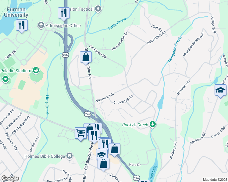 map of restaurants, bars, coffee shops, grocery stores, and more near 103 Viewmont Drive in Greenville