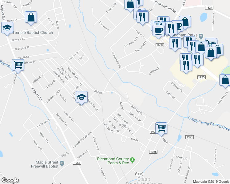 map of restaurants, bars, coffee shops, grocery stores, and more near 378 Mill Road in Rockingham