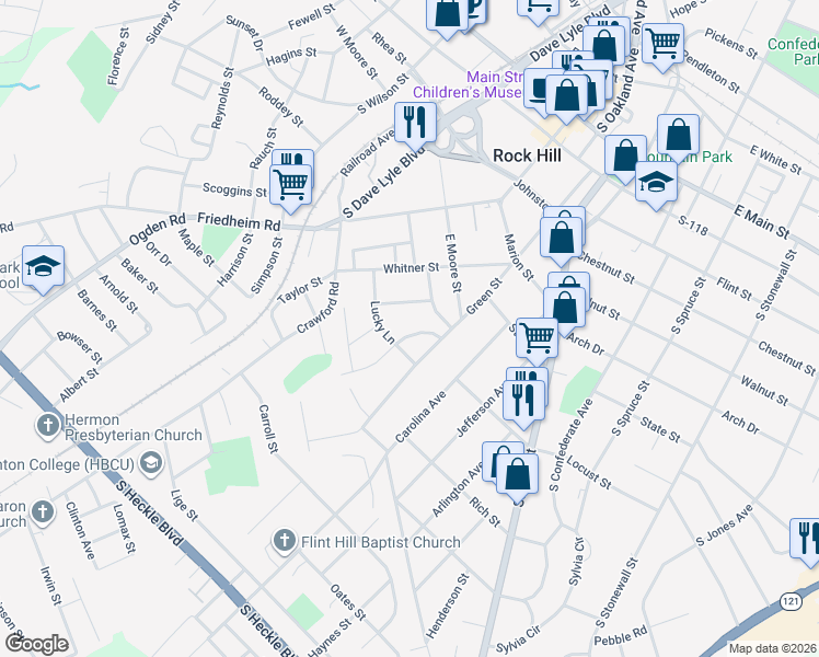 map of restaurants, bars, coffee shops, grocery stores, and more near 610 Clarinda Street in Rock Hill