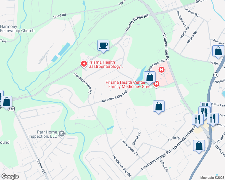 map of restaurants, bars, coffee shops, grocery stores, and more near 505 Meadow Hill Way in Greer