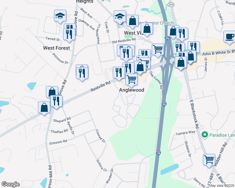 map of restaurants, bars, coffee shops, grocery stores, and more near 200 Heath Lane in Spartanburg