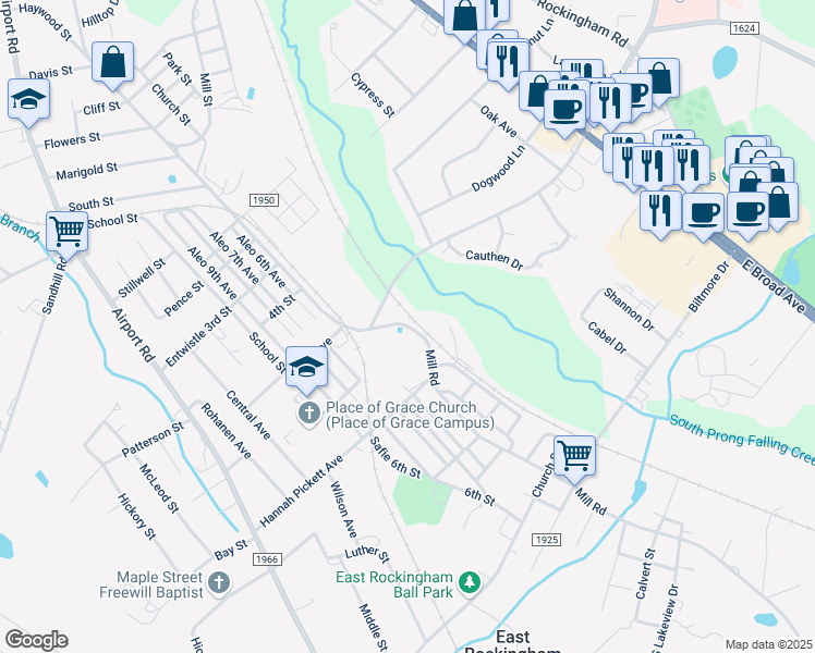 map of restaurants, bars, coffee shops, grocery stores, and more near 377 Mill Road in Rockingham