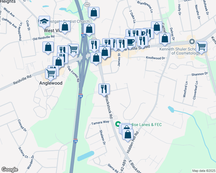 map of restaurants, bars, coffee shops, grocery stores, and more near 26 Villa Lane in Spartanburg