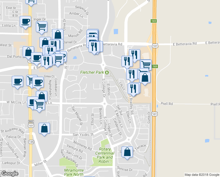 map of restaurants, bars, coffee shops, grocery stores, and more near 622 La Noria in Santa Maria