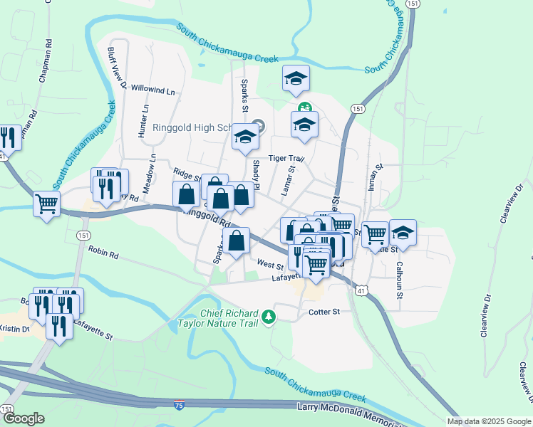 map of restaurants, bars, coffee shops, grocery stores, and more near 307 Cleveland Street in Ringgold