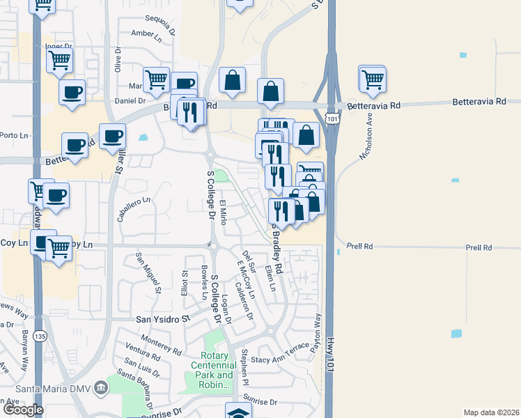 map of restaurants, bars, coffee shops, grocery stores, and more near 2223 Lily Lane in Santa Maria