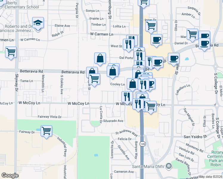 map of restaurants, bars, coffee shops, grocery stores, and more near 427 Taunton Drive in Santa Maria