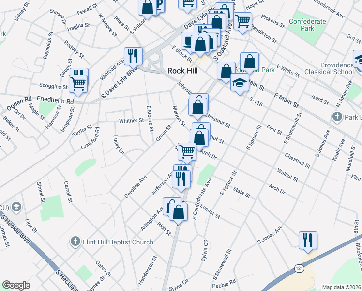 map of restaurants, bars, coffee shops, grocery stores, and more near 630 Center Street in Rock Hill