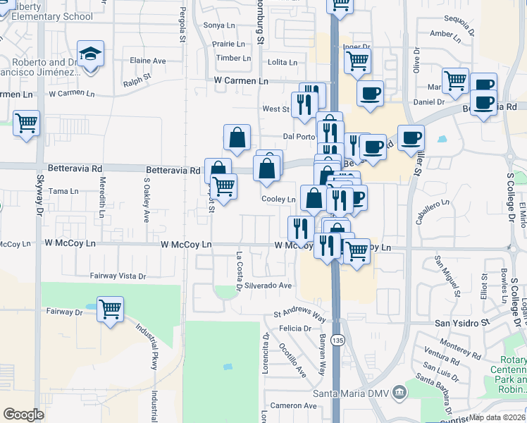 map of restaurants, bars, coffee shops, grocery stores, and more near 427 Taunton Drive in Santa Maria
