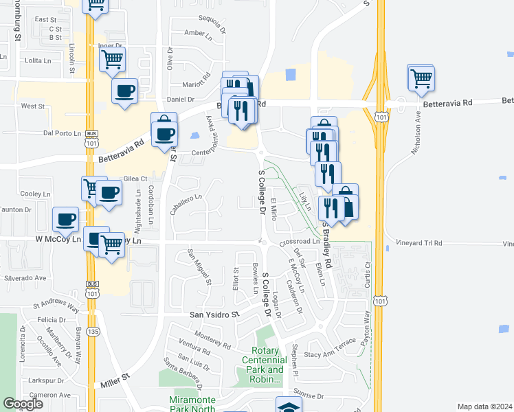 map of restaurants, bars, coffee shops, grocery stores, and more near 2250 Nutmeg Lane in Santa Maria