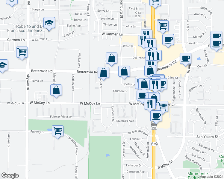 map of restaurants, bars, coffee shops, grocery stores, and more near 2311 Westbury Way in Santa Maria