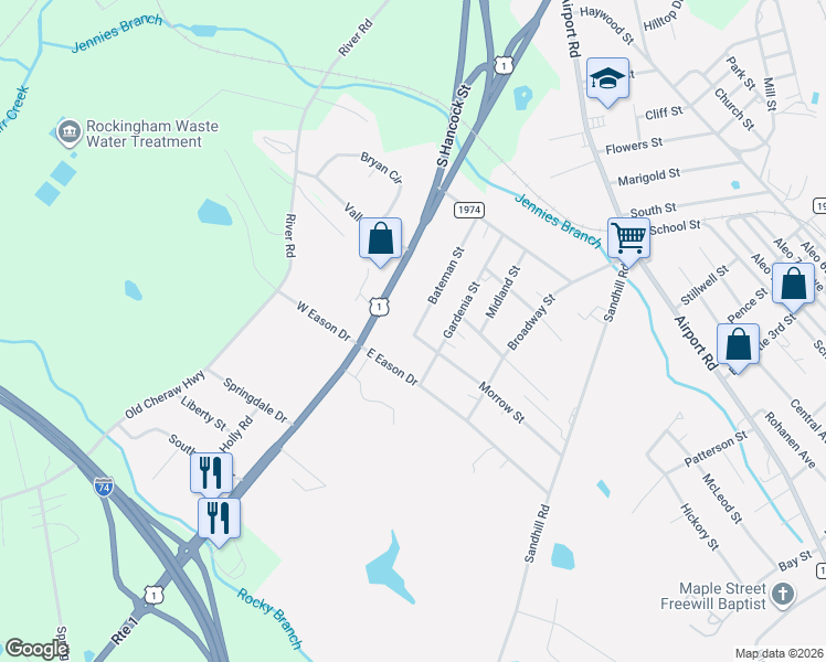 map of restaurants, bars, coffee shops, grocery stores, and more near 156 Bateman Street in Rockingham