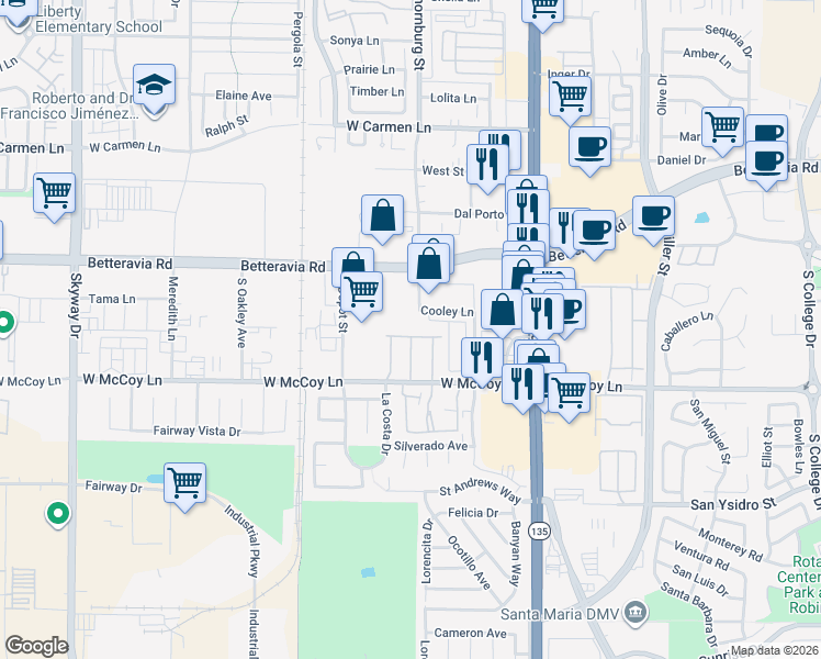 map of restaurants, bars, coffee shops, grocery stores, and more near 449 Taunton Drive in Santa Maria