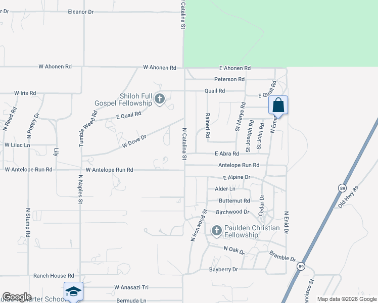map of restaurants, bars, coffee shops, grocery stores, and more near 20 East Abra Road in Paulden