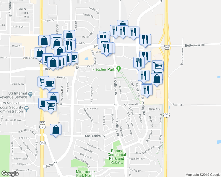 map of restaurants, bars, coffee shops, grocery stores, and more near 535 Riddering St in Santa Maria