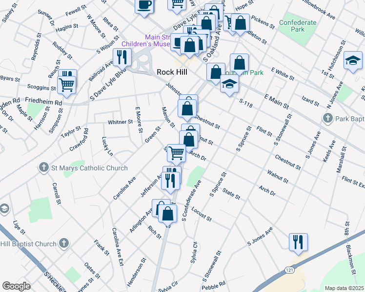 map of restaurants, bars, coffee shops, grocery stores, and more near 523 Saluda Street in Rock Hill