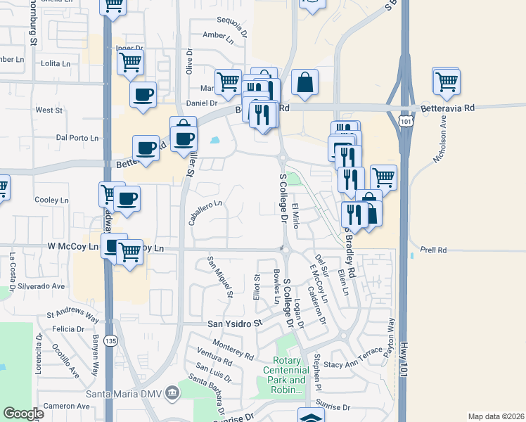 map of restaurants, bars, coffee shops, grocery stores, and more near 535 Riddering Street in Santa Maria
