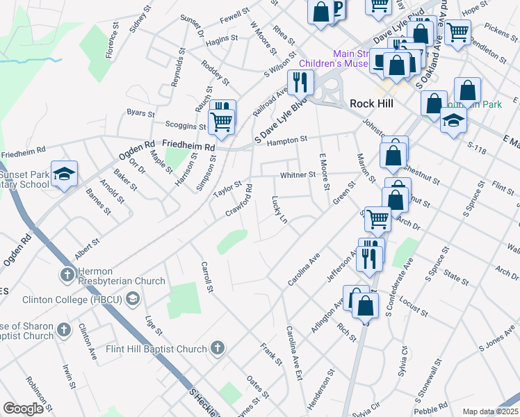 map of restaurants, bars, coffee shops, grocery stores, and more near 245 Barber Street in Rock Hill