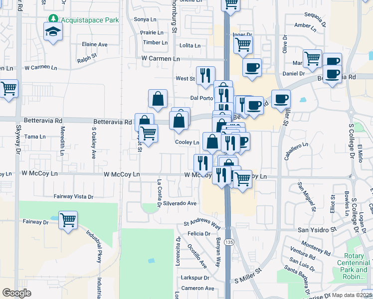 map of restaurants, bars, coffee shops, grocery stores, and more near 2223 Pizzaro Drive in Santa Maria