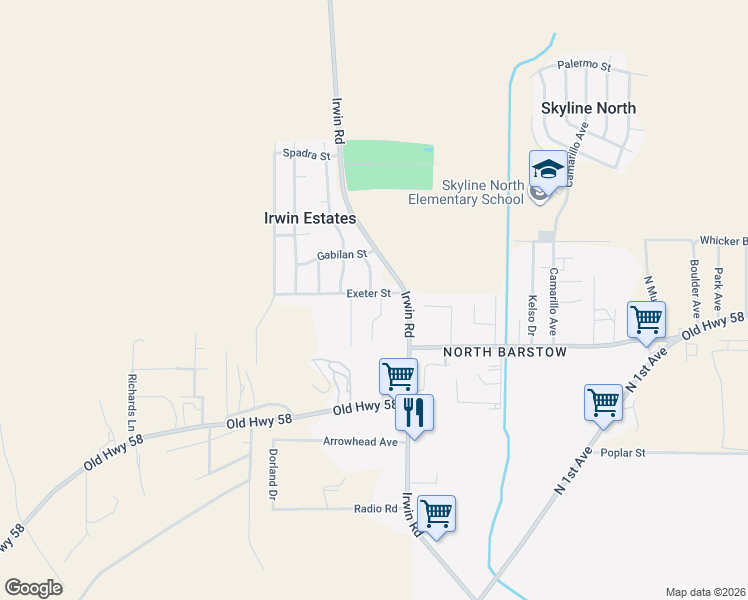 map of restaurants, bars, coffee shops, grocery stores, and more near 29225 Exeter Street in Barstow