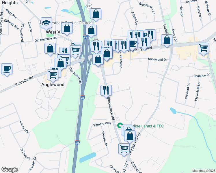 map of restaurants, bars, coffee shops, grocery stores, and more near 26 Villa Lane in Spartanburg