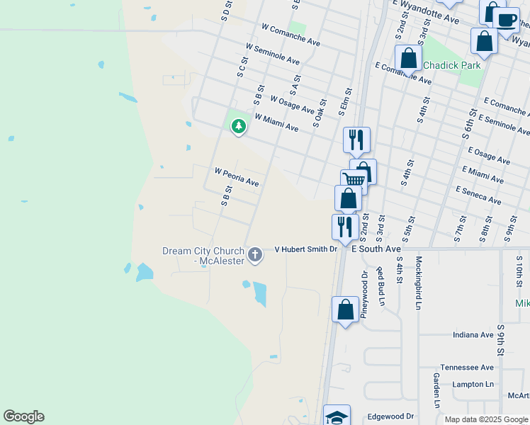 map of restaurants, bars, coffee shops, grocery stores, and more near 1400 South A Street in McAlester