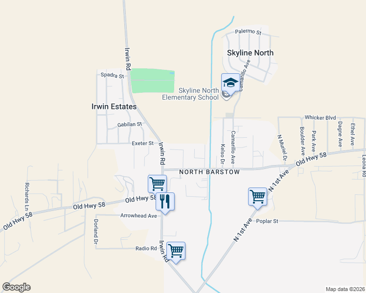 map of restaurants, bars, coffee shops, grocery stores, and more near 29384 Dryden Street in Barstow