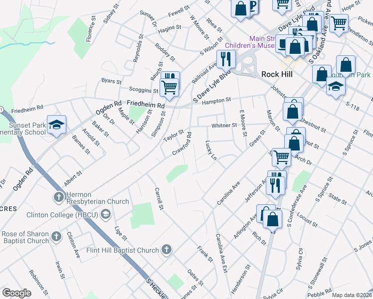map of restaurants, bars, coffee shops, grocery stores, and more near 641 Crawford Rd in Rock Hill