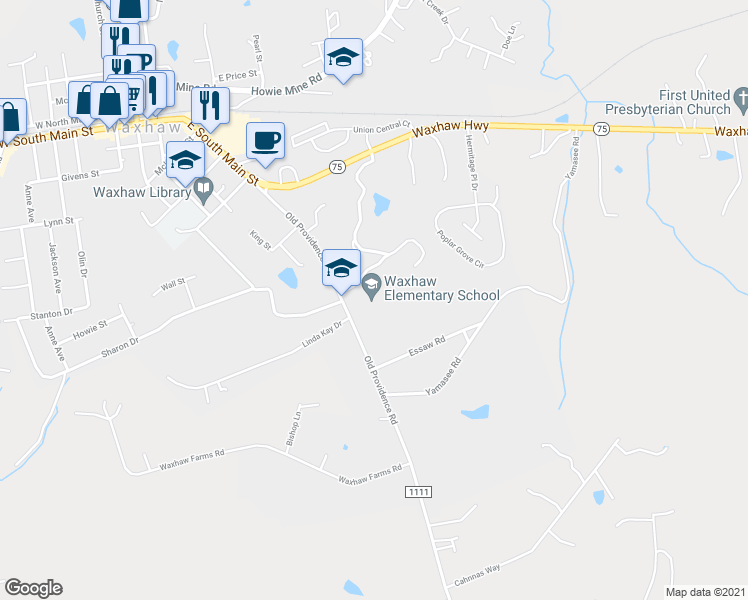 map of restaurants, bars, coffee shops, grocery stores, and more near 1101 Old Providence Road in Waxhaw
