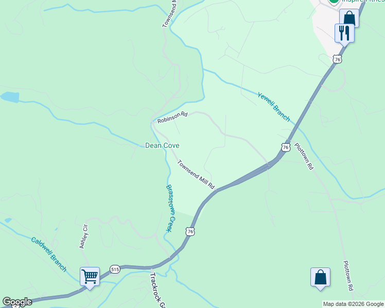 map of restaurants, bars, coffee shops, grocery stores, and more near 2044 Townsend Mill Road in Young Harris