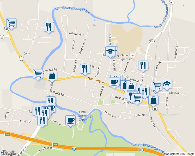 map of restaurants, bars, coffee shops, grocery stores, and more near 288 Guyler Street in Ringgold