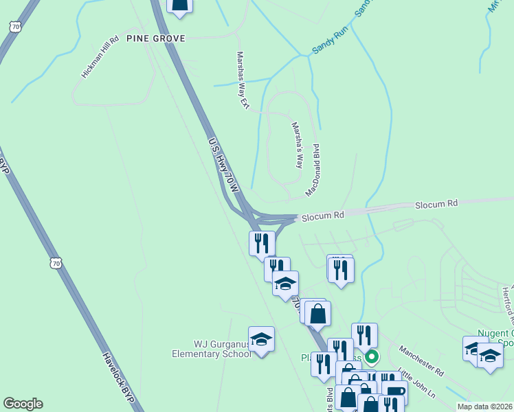 map of restaurants, bars, coffee shops, grocery stores, and more near 591 U.S. 70 in Havelock