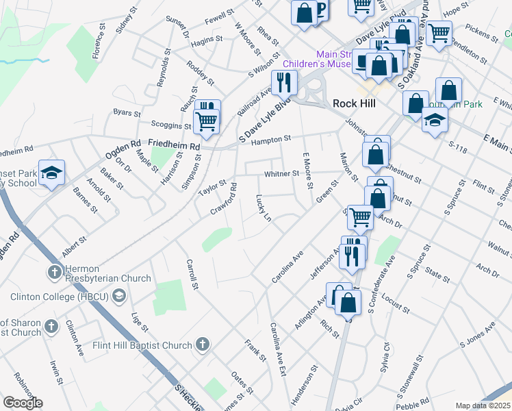 map of restaurants, bars, coffee shops, grocery stores, and more near 244 Lucky Lane in Rock Hill